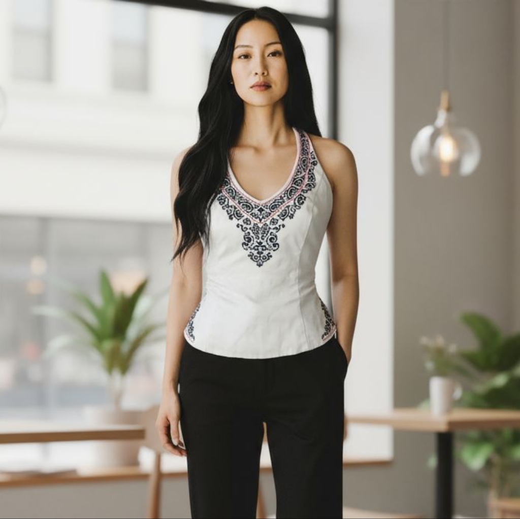 Whbm Elegant White And Black Embroidered Women's Halter Top 2 No Belt
